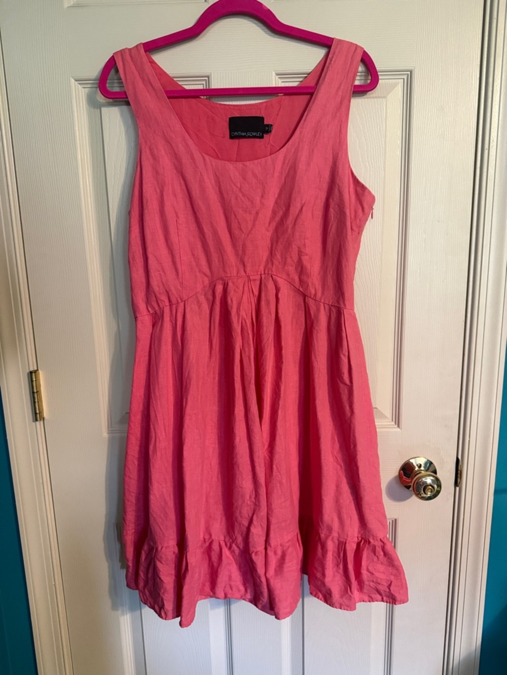 Cynthia Rowley Coral-Pink Sleeveless Linen Midi Dress with Ruffle Hem